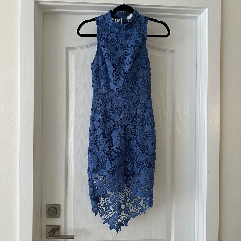 Astr Asymmetrical Lace Dress in Blue